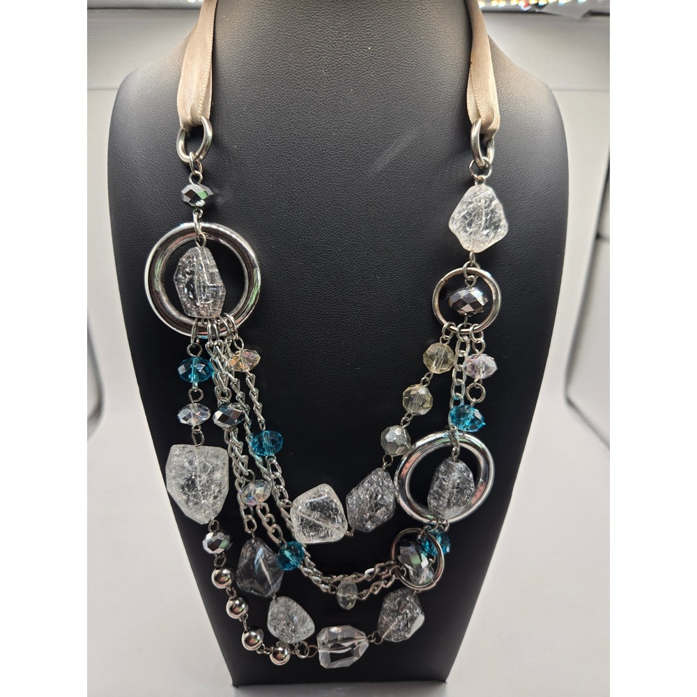 Silver Tone Multilayer Statement Necklace Cracked Glass Crystal Ribbon Detail